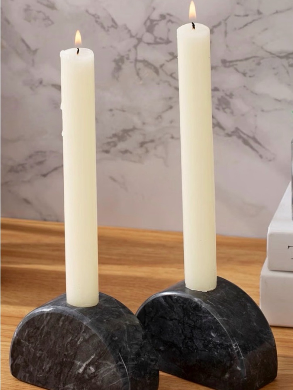 Ivory Taper Candles with Black Marble Half-Round Holders